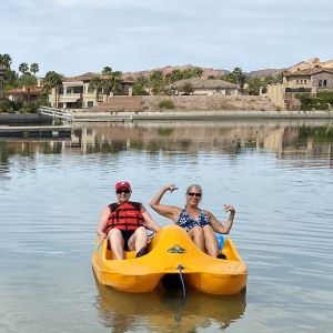 Annie Lindsay and her mom, Shirley, paddle boating at Lake Las Vegas