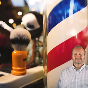 Barber shop pole and brush with Mike Bindrup