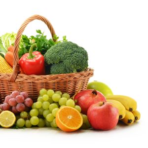 A basket of fruit and vegetables.