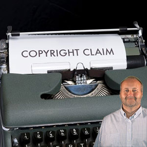 Typewriter with paper saying Copyright Claims with Mike Bindrup