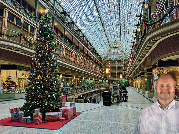 A shopping mall decorated for Christmas with Mike Bindrup
