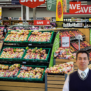 Small fruit market with aisles of foods with Juan Salas