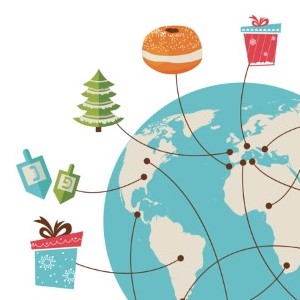 Illustration of world with various holiday icons.