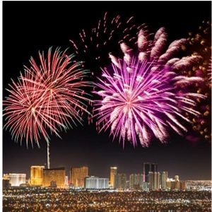 New Years eve in Las Vegas, Nevada with a burst of fireworks lighting up the sky.