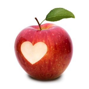 A red apple with a heart shaped bite out of the middle.