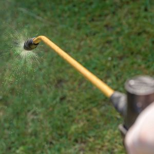 the long, yellow end of a hose attachment sprays some fluid onto a green lawn