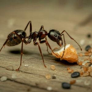 Una hormiga negra y marrón comiendo una pequeña miga