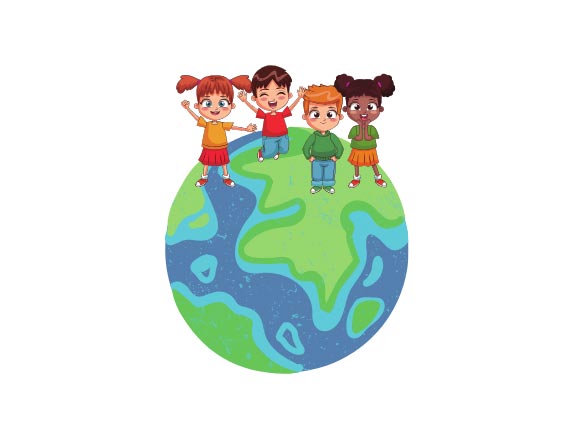 cartoon kids standing on planet earth
