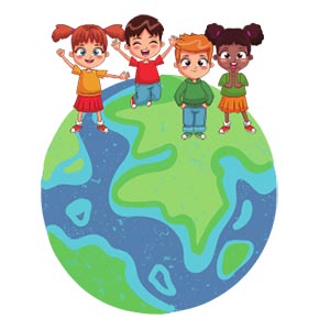 cartoon kids standing on planet earth