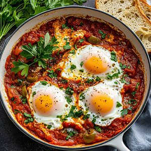 sunny side up eggs in on top of tomato sauce in dish with white bread on top right corner and green leaves in top right corner