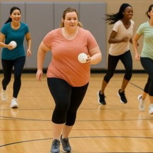 Women running in a gym playing a game.