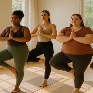 Four women practicing a yoga pose together.