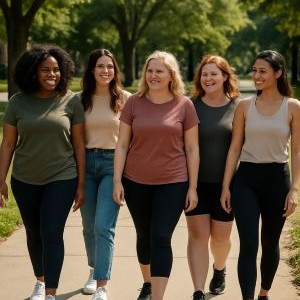Five women walking together.