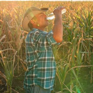 A male farmer drinking water in a corn field under hot summer sunshine