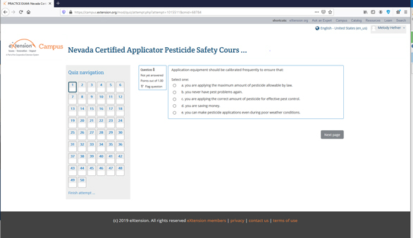 graphic of the Nevada certified applicator pesticide safety course quiz navigation page