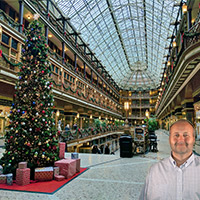 Shopping mall decorated for Christmas with Mike Bindrup