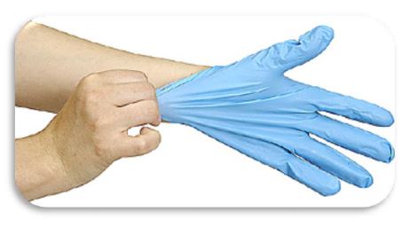 putting blue gloves on