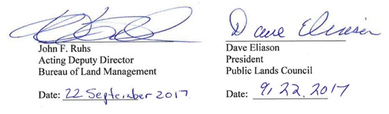 Signed by John F. Ruhs, Acting Deputy Director, Bureau of Land Management, Date: 22 September 2017. Signed by Dave Eliason, President, Public Lands Council, Date 9-22-2017.