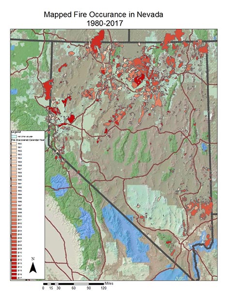Map of fires across Nevada since 1980.