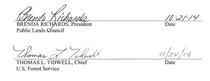 Signed by Brenda Richards, President, Public Lands Council. Date: 10-21-14. Signed by Thomas L. Tidwell, Chief, U.S. Forest Service, Date: 11-20-14.