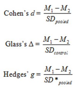 Effect size equations, Cohen's d, Glasses delta and Gedges gamma