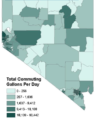 Map of Nevada's total commuting gas consumption by zip code to show that north to mid has the highest consumption