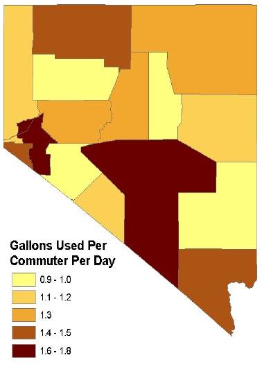 Map of the Nevada's county commuter gas consumption to show that the south has the highest usage