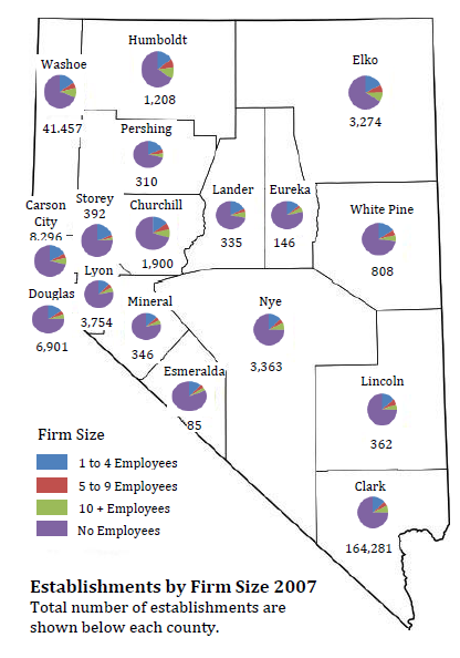 Map of Nevada's 2007 establishment shares by firm size in 2007 to show that many firms had no employees