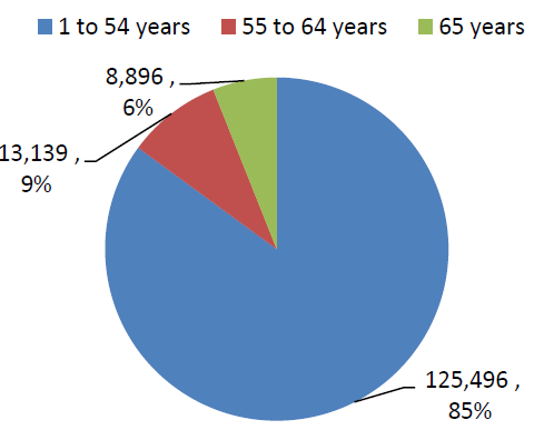 Pie graph of Nevada's age group to show that 1 to 45 years old is the highest from 2005 to 2007
