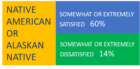 Native American or Alaskan Native somewhat or extremely satisfied 60%, somewhat or extremely dissatisfied 14%