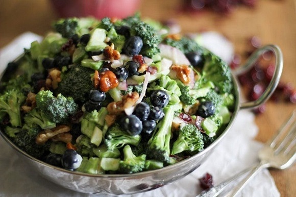 Broccoli salad with blueberries and walnuts. 