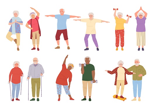 Clip art of older adults participating in healthy activities. 