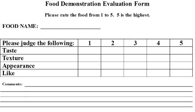 Food evaluation form for taste testing food