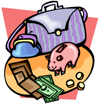Purse, piggy bank, wallet on a table