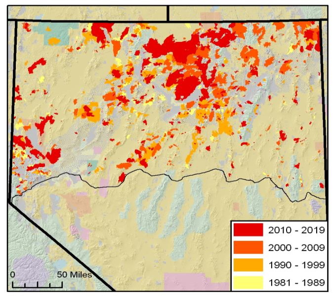 Map of northern Nevada, with colored sections for fire size, each color representing the years 1981 to 1989 as light yellow, 1990 to 1999 as light orange, 2000 to 2009 as dark orange, and 2010 to 2019 as red. Large amounts of red sections in central northern Nevada.