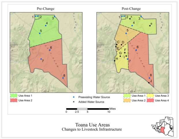 Toana pasture with pre-change and post-change maps, labeling use areas with prexisting water sources and added water sources. Pre-change, the pasture is divided into north and south, and post change there is now a north, northwest, south west, and south east portion.