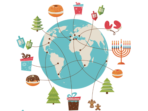 Illustration of the world with christmas trees, jewish traditions and different pastries.