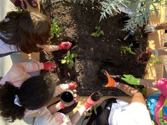 Children wearing colorful gardening gloves and working in a raised garden bed.