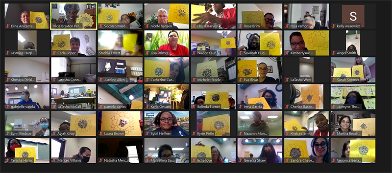 Screenshot of Acelero educators in Zoom gallery view. They are holding up sunflower drawings on yellow paper.