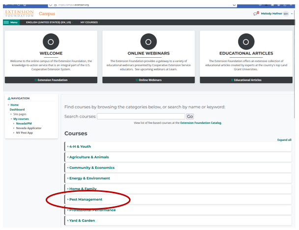 graphic illustrating how to navigate to the pest management course on extension onlice campus