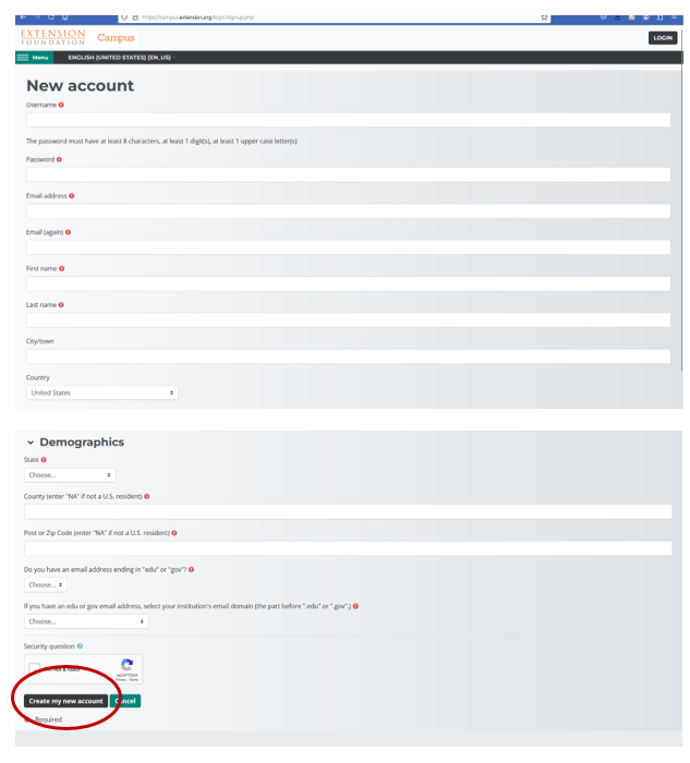 graphic of the create new account screen on the extension online campus website
