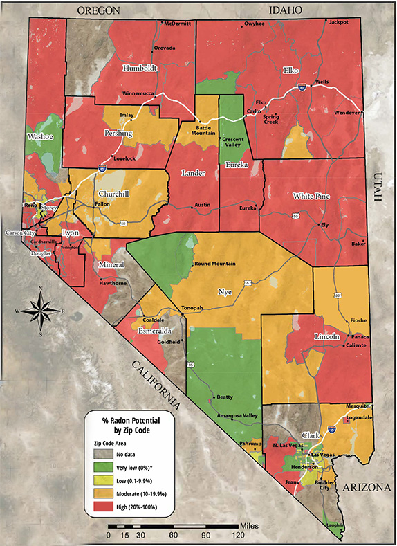 Radon map of Nevada Radon potential shown by zip code area. The majority of the east has a moderate range. The majority of the west is in the high range. Central Clark County has a mix of low to high radon potential.