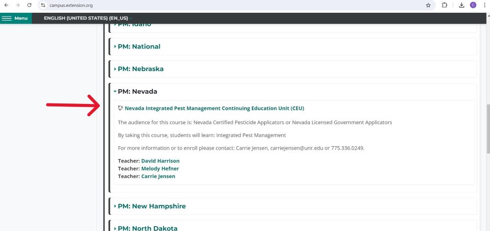 graphic of the extension online course website showing how to navigate to the nevada section