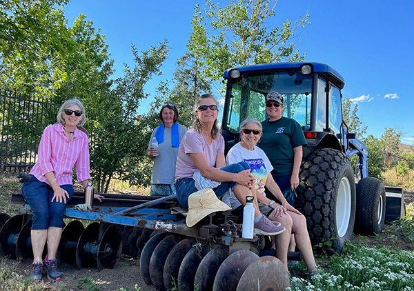 Group of people sitting and standing next to tractor with trees in background.