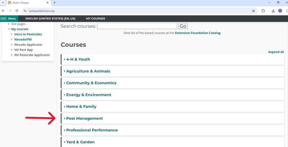 graphic of the extension onlince course website showing how to navigate to the pest management course