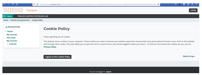 graphic of Extension Foundation Campus website that depicts their cookie policy