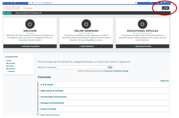 graphic of the extension online campus website with a circle around the login button