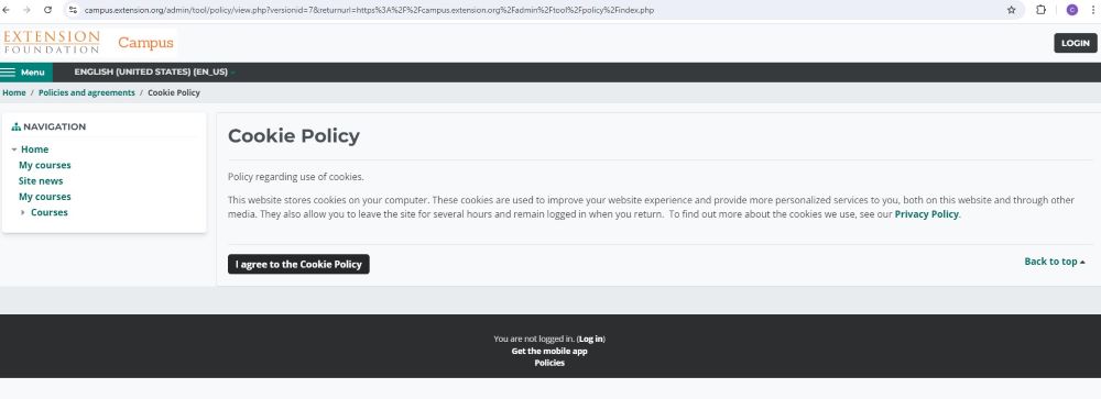 Extension Foundation Campus cookie policy webpage that prompts you to agree to the policy.