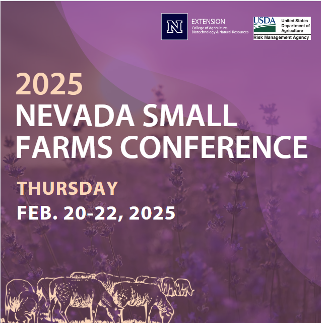 2024 Nevada Small Farms Conference with a field of lavender in the background and artwork of cattle on top of the picture.