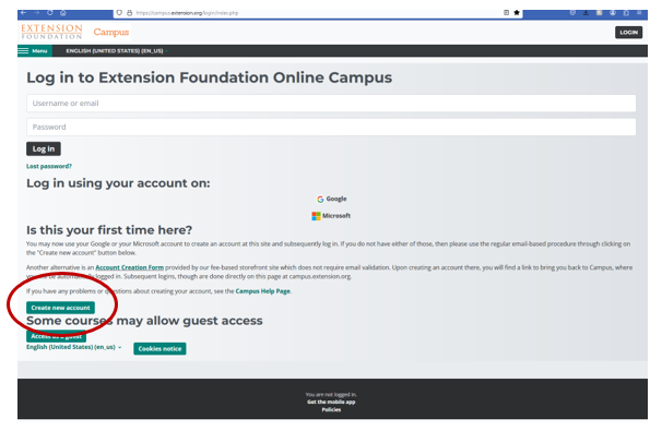 graphic of the login screen of the extension onlince campus with a circle around the create a new account button